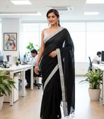 White & black fancy cotton handloom saree with blouse piece for women