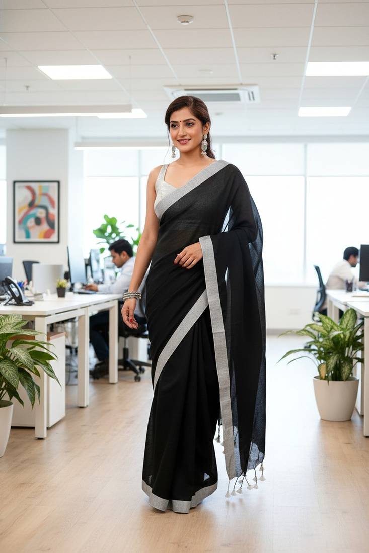 White & black fancy cotton handloom saree with blouse piece for women