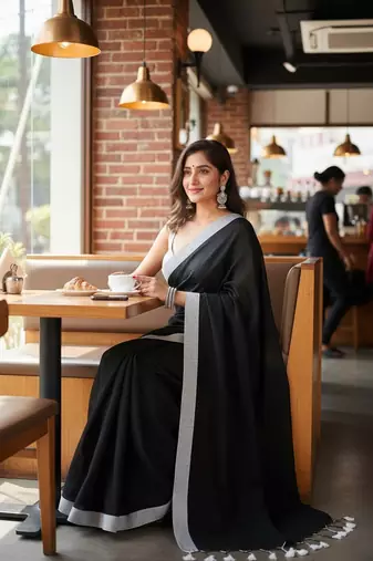 White & black fancy cotton handloom saree with blouse piece for women