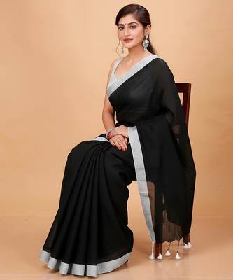 White & black fancy cotton handloom saree with blouse piece for women 4