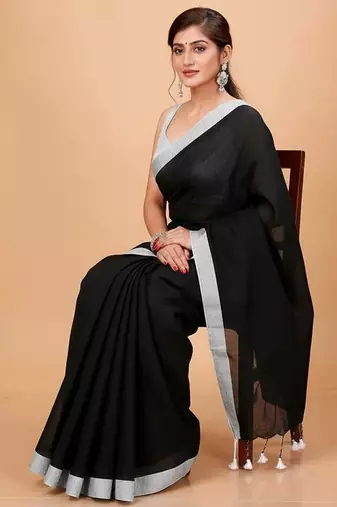 White & black fancy cotton handloom saree with blouse piece for women