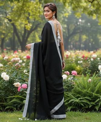 White & black fancy cotton handloom saree with blouse piece for women 5
