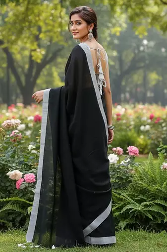 White & black fancy cotton handloom saree with blouse piece for women