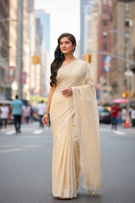 White & cream fancy cotton handloom saree with blouse piece for women 1