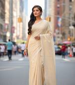 White & cream fancy cotton handloom saree with blouse piece for women