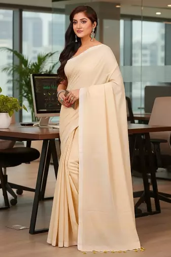 White & cream fancy cotton handloom saree with blouse piece for women