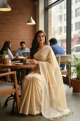 White & cream fancy cotton handloom saree with blouse piece for women