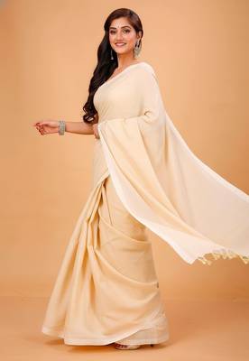 White & cream fancy cotton handloom saree with blouse piece for women 4