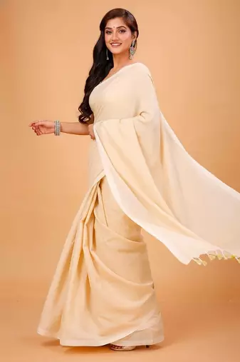 White & cream fancy cotton handloom saree with blouse piece for women