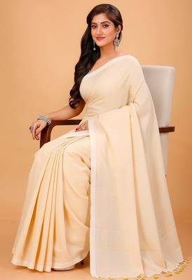 White & cream fancy cotton handloom saree with blouse piece for women 5