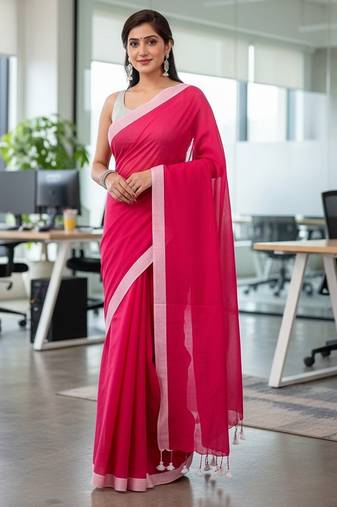 White & rani fancy cotton handloom saree with blouse piece for women