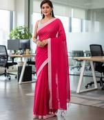 White & rani fancy cotton handloom saree with blouse piece for women