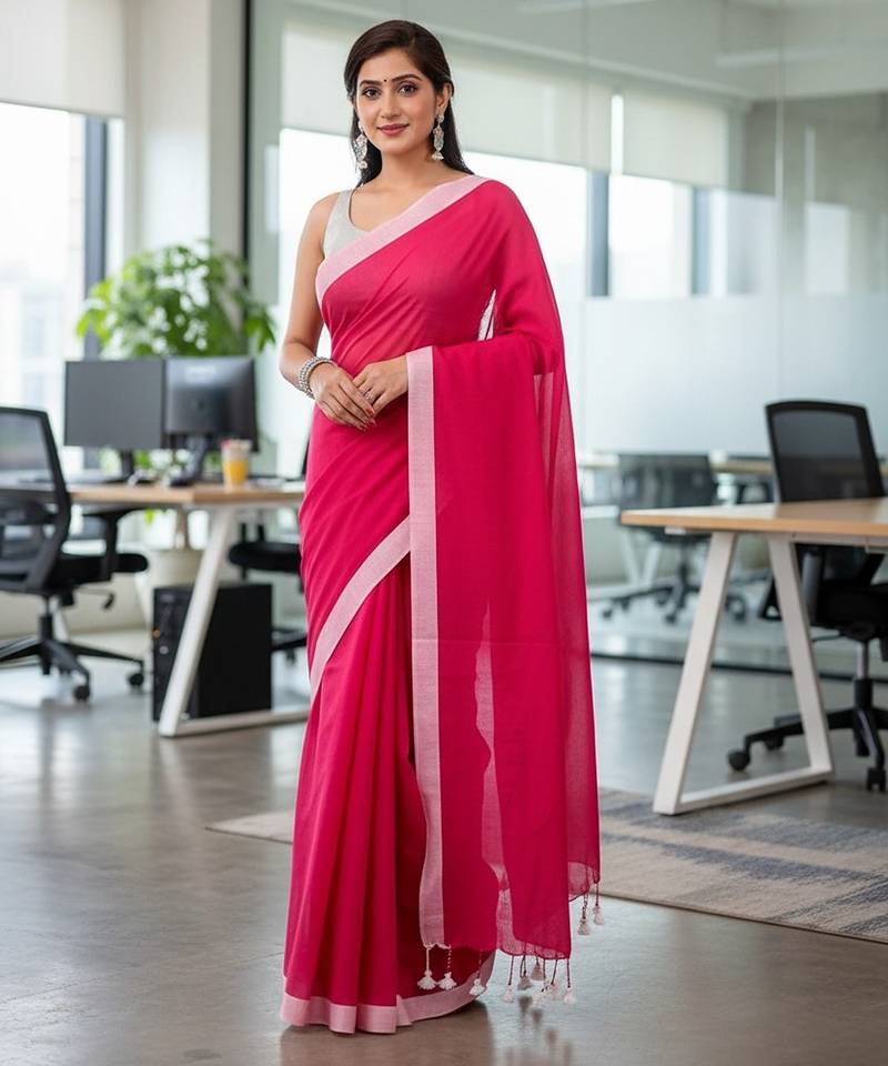 White & rani fancy cotton handloom saree with blouse piece for women