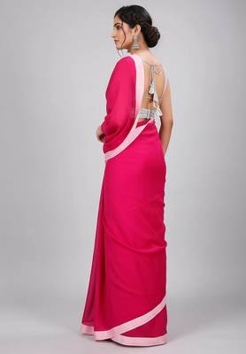 White & rani fancy cotton handloom saree with blouse piece for women 2