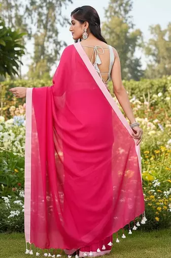 White & rani fancy cotton handloom saree with blouse piece for women