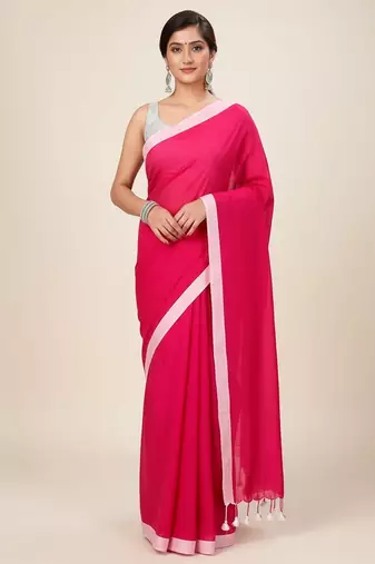 White & rani fancy cotton handloom saree with blouse piece for women