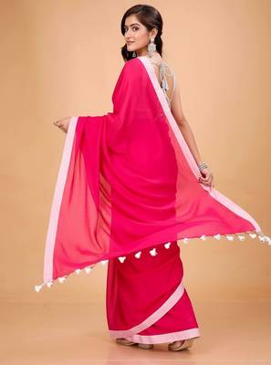 White & rani fancy cotton handloom saree with blouse piece for women 5