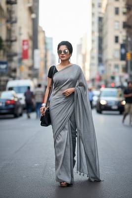 Grey fancy cotton handloom saree with blouse piece for women 1
