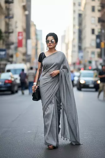Grey fancy cotton handloom saree with blouse piece for women