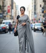 Grey fancy cotton handloom saree with blouse piece for women