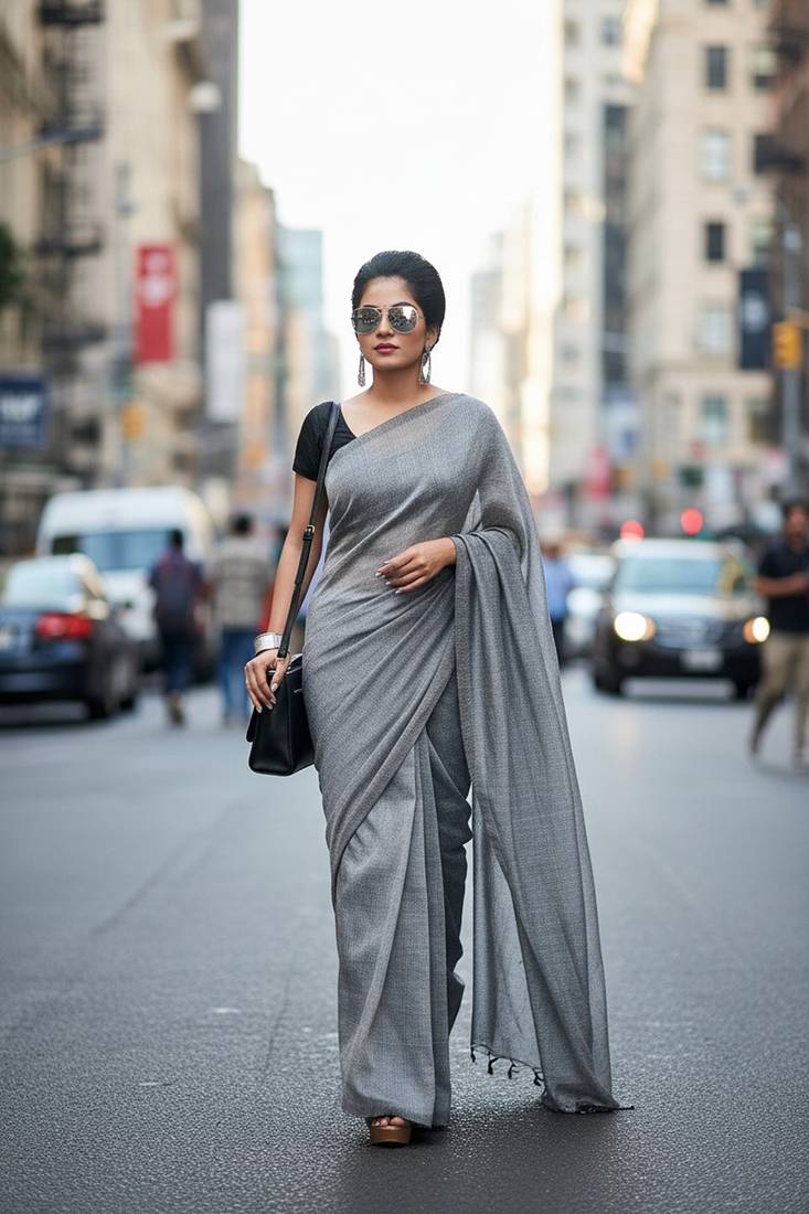 Grey fancy cotton handloom saree with blouse piece for women
