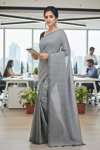 Grey fancy cotton handloom saree with blouse piece for women