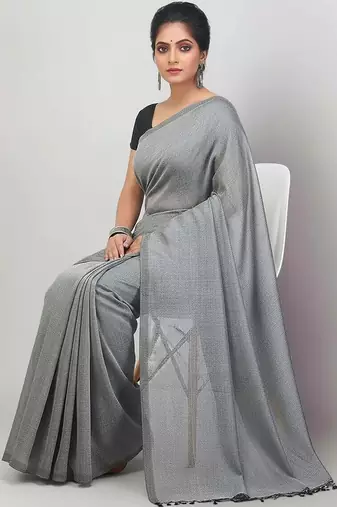 Grey fancy cotton handloom saree with blouse piece for women