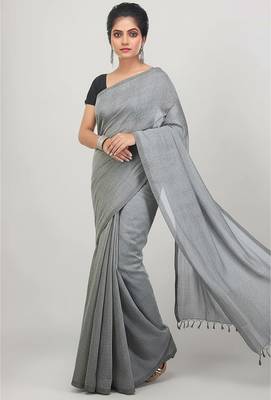 Grey fancy cotton handloom saree with blouse piece for women 4