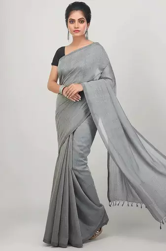 Grey fancy cotton handloom saree with blouse piece for women