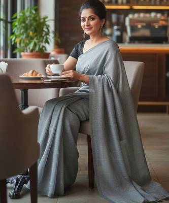Grey fancy cotton handloom saree with blouse piece for women 5