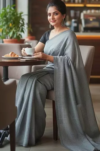 Grey fancy cotton handloom saree with blouse piece for women