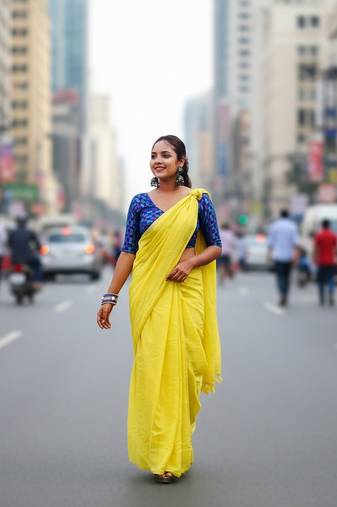 Yellow fancy cotton handloom saree with blouse piece for women