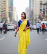 Yellow fancy cotton handloom saree with blouse piece for women