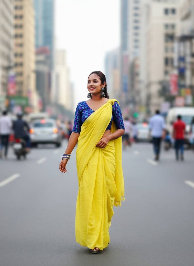 Yellow fancy cotton handloom saree with blouse piece for women