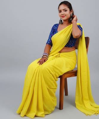 Yellow fancy cotton handloom saree with blouse piece for women 4