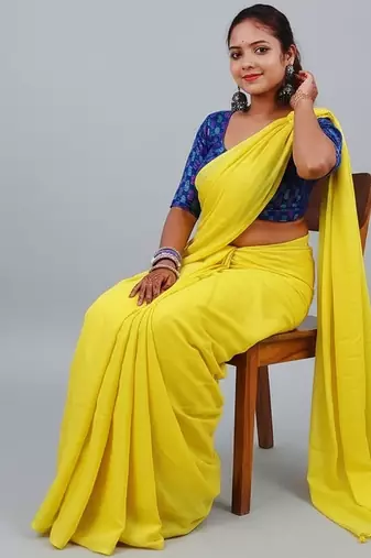 Yellow fancy cotton handloom saree with blouse piece for women