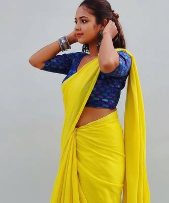 Yellow fancy cotton handloom saree with blouse piece for women 5