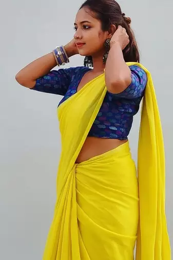 Yellow fancy cotton handloom saree with blouse piece for women