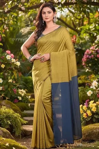 Yellow & steel fancy cotton handloom saree with blouse piece for women