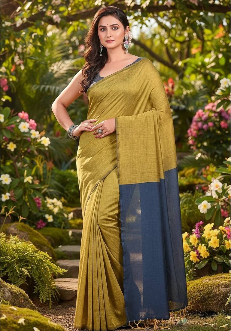 Yellow & steel fancy cotton handloom saree with blouse piece for women