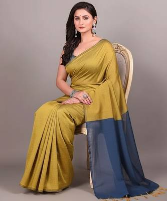 Yellow & steel fancy cotton handloom saree with blouse piece for women 2