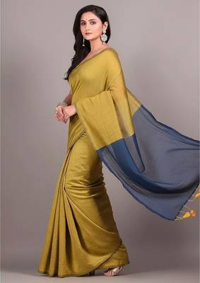 Yellow & steel fancy cotton handloom saree with blouse piece for women 3