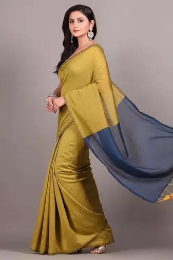 Yellow & steel fancy cotton handloom saree with blouse piece for women