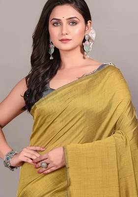 Yellow & steel fancy cotton handloom saree with blouse piece for women 4