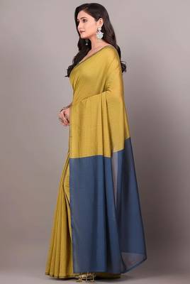 Yellow & steel fancy cotton handloom saree with blouse piece for women 5