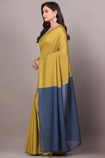 Yellow & steel fancy cotton handloom saree with blouse piece for women