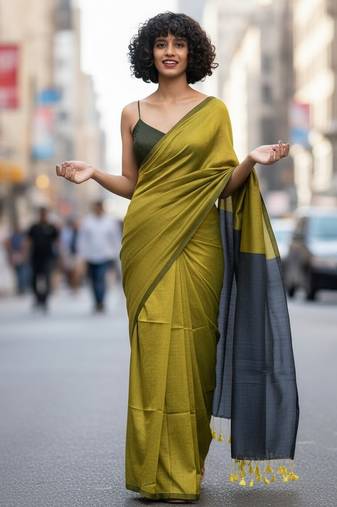 Yellow & steel fancy cotton handloom saree with blouse piece for women