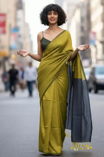 Yellow & steel fancy cotton handloom saree with blouse piece for women