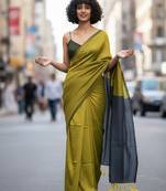 Yellow & steel fancy cotton handloom saree with blouse piece for women
