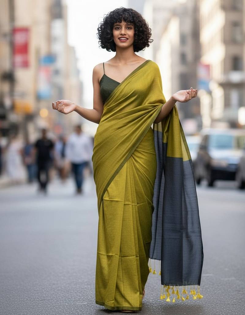 Yellow & steel fancy cotton handloom saree with blouse piece for women